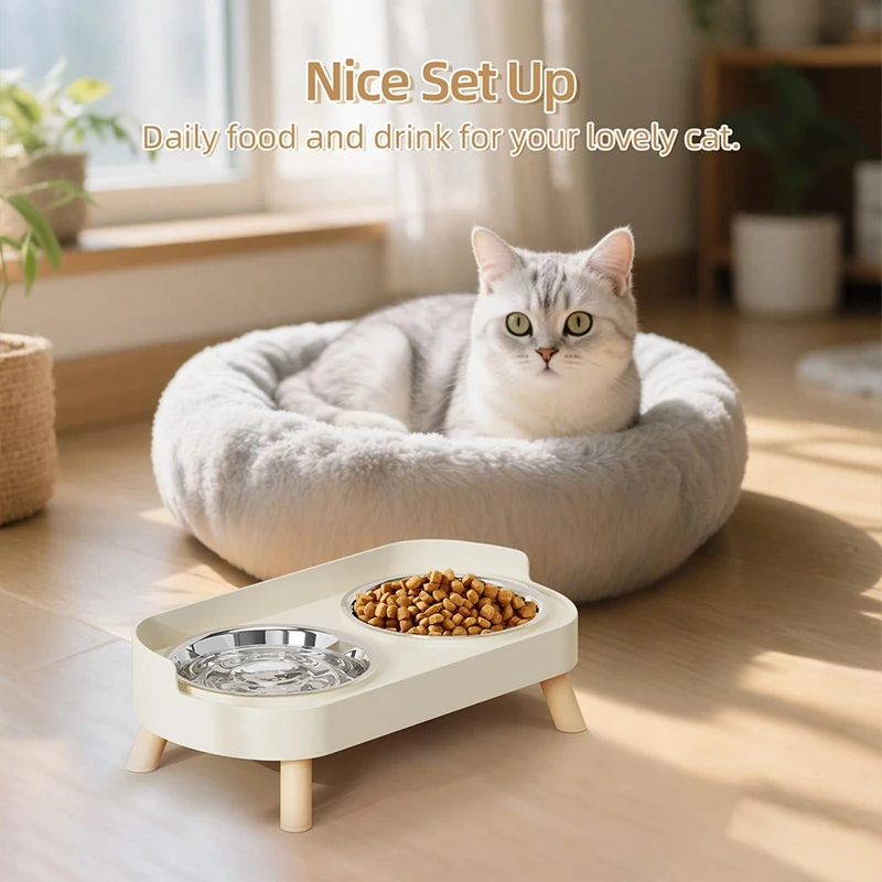 

Elevated Cat Bowl, Raised Cat Food and Water Bowl Set for Indoor Cats, Splash Proof with 2 Stainless Steel Pet Bowls