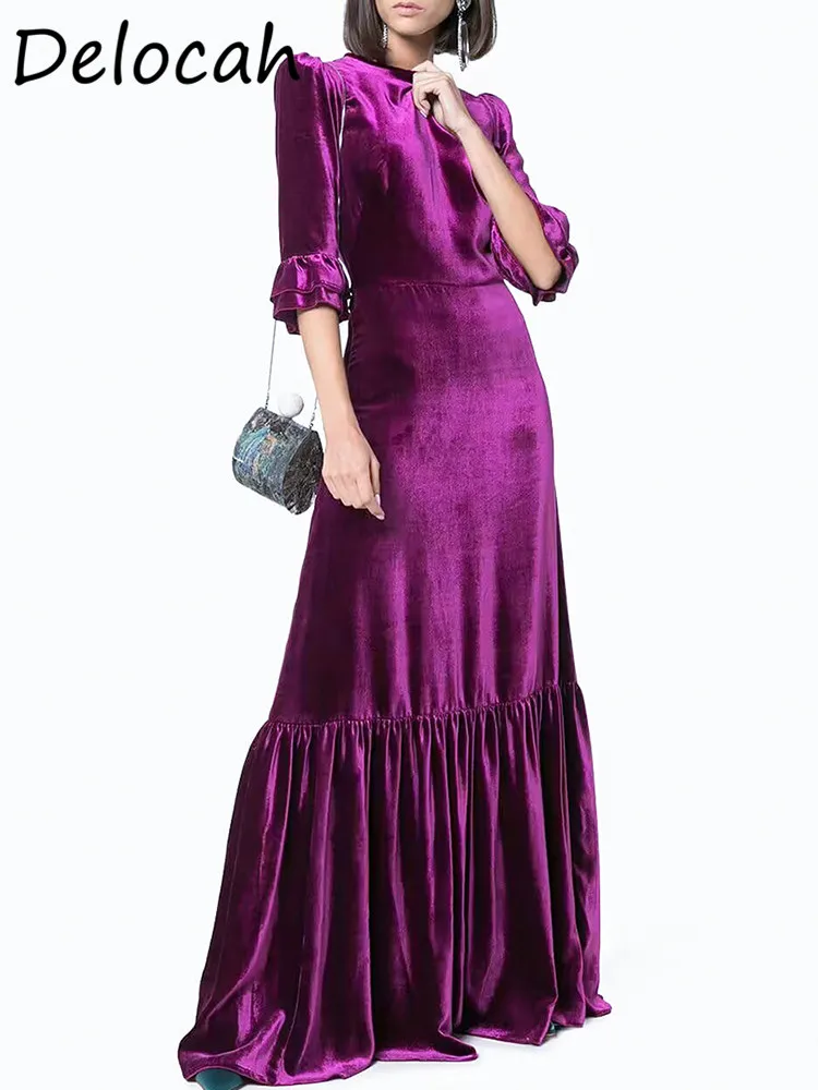 Delocah High-Quality 2024 Autumn New Canary Purple Dress Female High-end Elegant Long Dress Retro Slim Dress