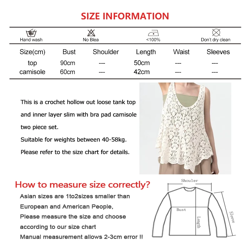 ABRINI Women New BOHO Sexy Solid Knit Two-piece Summer Hollow Out Crochet Tank Tops and Inner Layer Basic Camisole With Bra Pad