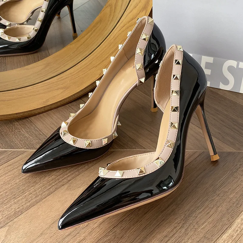 

Women's High Heel Sandals 2025New Style Riveted Side Hollow Thin Heel Pointed Sexy Temperament Shallow Mouth Women's Single Shoe