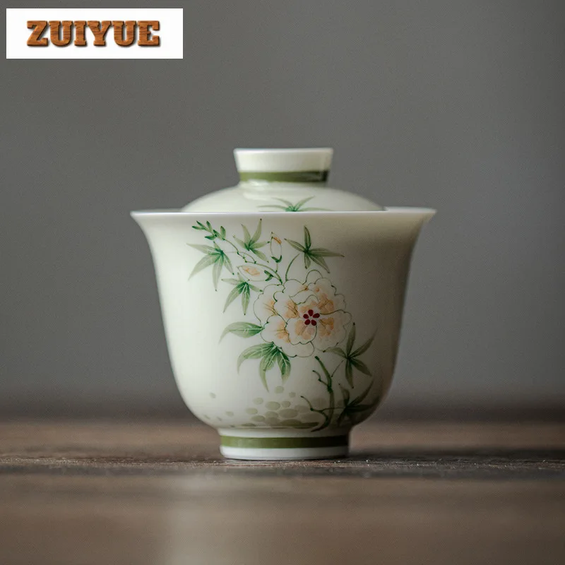 120ml Fruit Green Cover Bowl Household Hand Drawn Peony Flowers Bowl Anti Scald Gaiwan Zen Tea Tureen Chinese Tea Maker Gifts