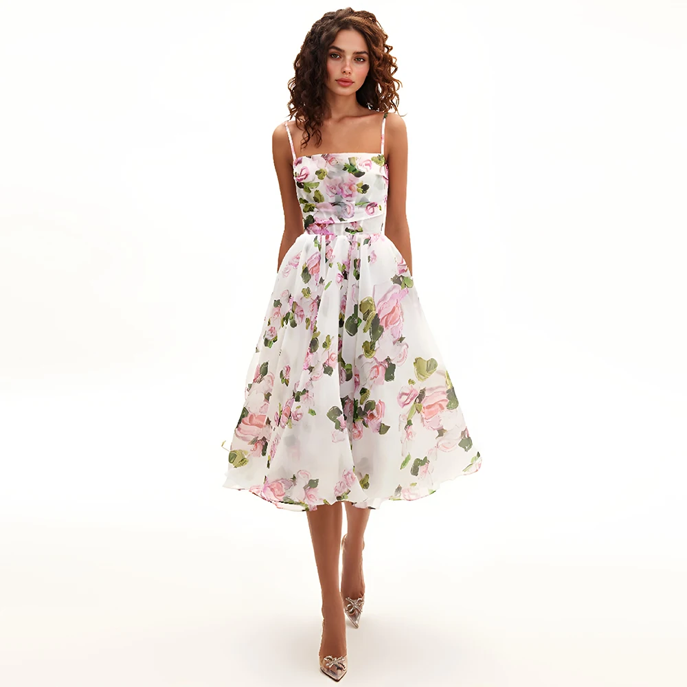 

ESBRIDE Elegant Party Dress Romantic Floral Print Strapless Prom Dress Knee Length Summer Dress Party Outfits Woman Prom Suits