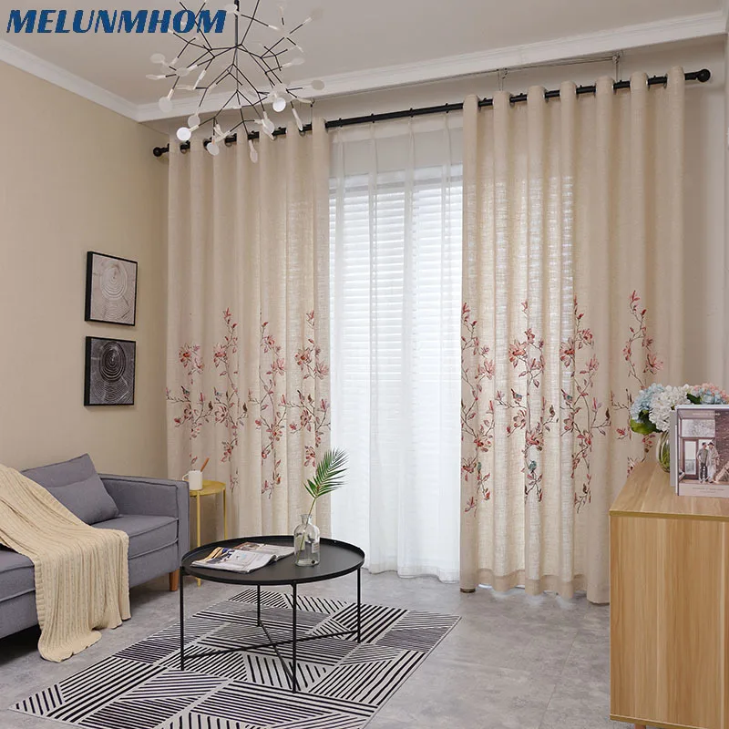 Cotton Hemp Embroidered Flowers Bird Design Shade Curtains in Bedroom White Tulle Sheer Window Drapes For Living Room