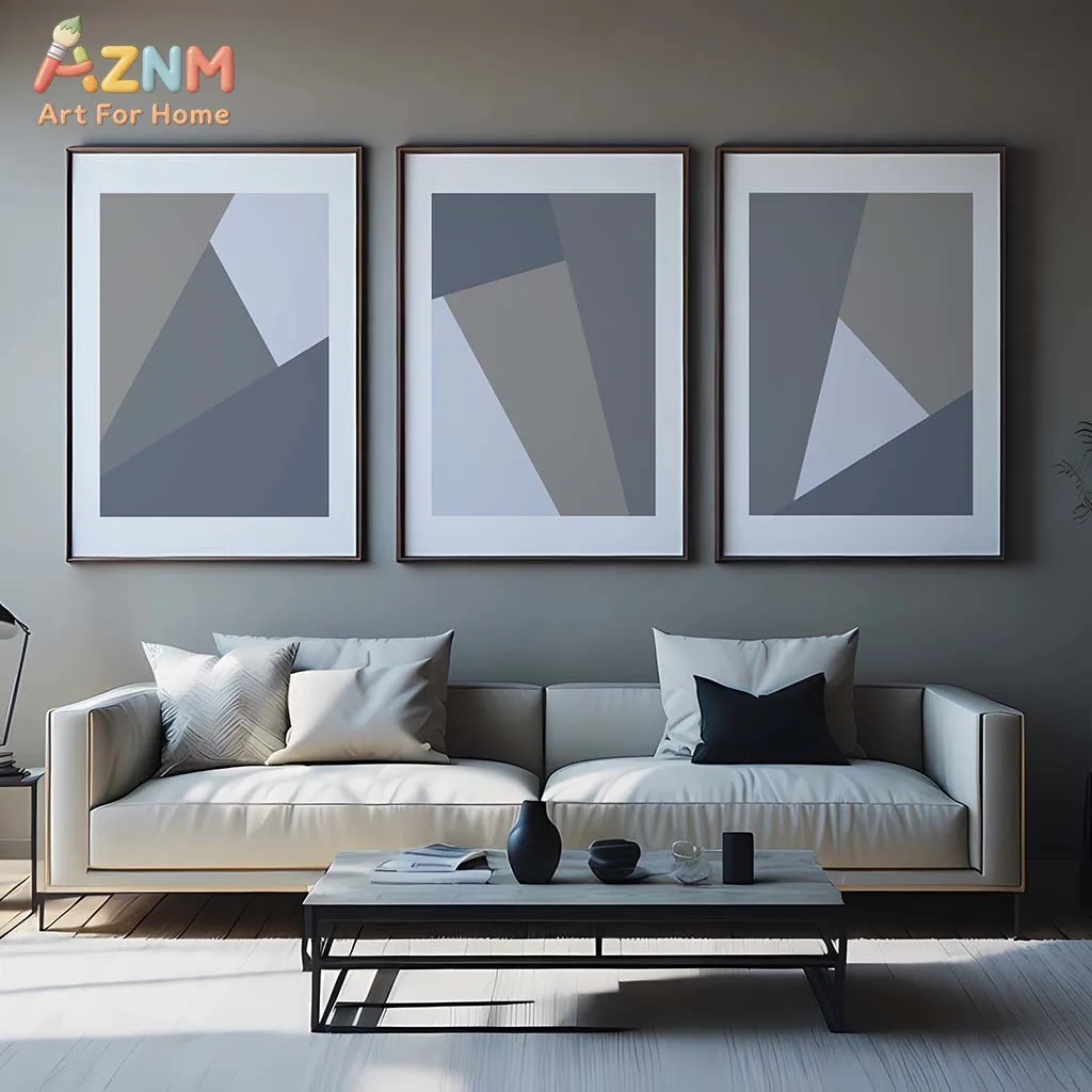 3pcsAZNM Geometric Abstract Canvas Wall Art Print Set, Gray Beige White Triangle Shapes Modern Minimalist Posters, Unframed Neut