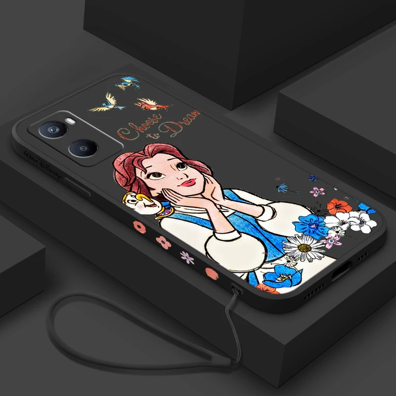 Disney Princess For OPPO A98 A96 A94 A93 A77S A76 A74 A73 A72 A57E S A56S Liquid Left Rope Silicone Phone Case