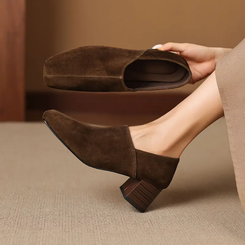 2026 new spring autumn women pumps natural leather 22-25cm kid suede+sheepskin square toe women shoes fashion high heel loafers