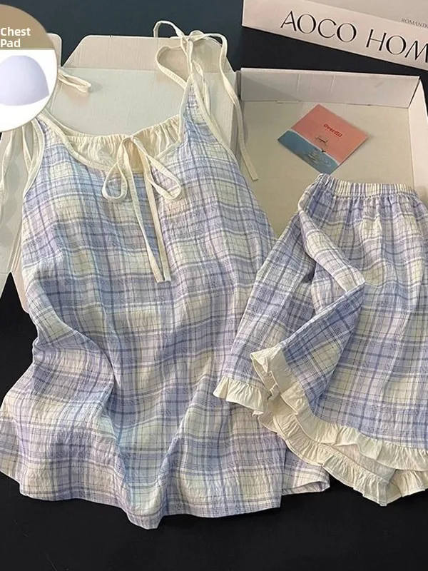 

Cloud Cotton Lace Kimono Sleeve Short Set Women's Summer Style with Chest Pad Tied Waist Home Clothes Ins Fashion Trend