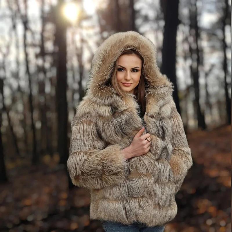 Winter Thicken Fox Fur Coats Women Luxury Warm Fashion Hooded Outertwear 2022 New Genuine Natural Fox Fur Jacket Female