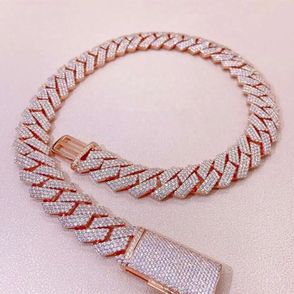 Luxury Hip Hop 18mm Width Four Row Rose Gold Moissanite Diamond Miami Cuban Links Chain.