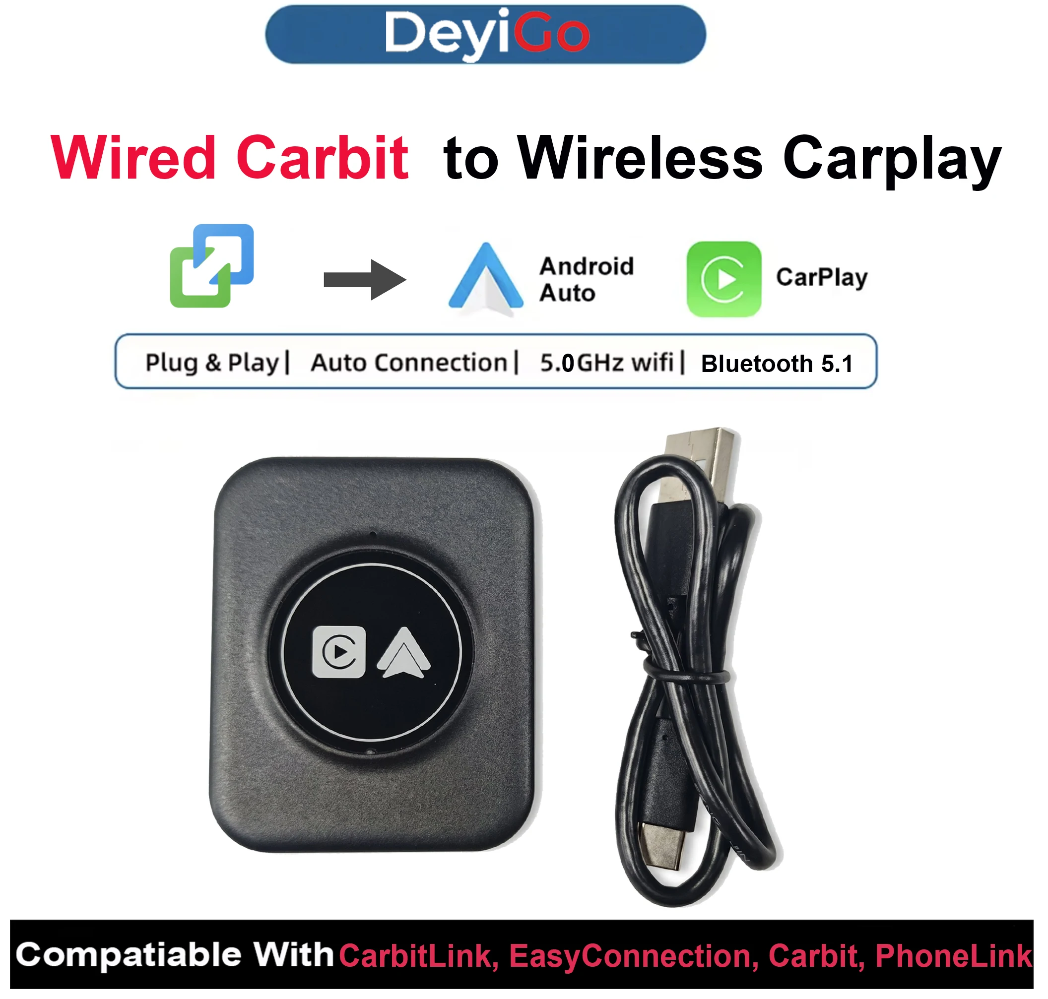 USB Wired Carbit to Wireless Carplay Android Auto For PROTON JETOUR GEELY CHANGAN CHERY GAC KAIY HONGQI ROX ICAR FOTON DONGFENG