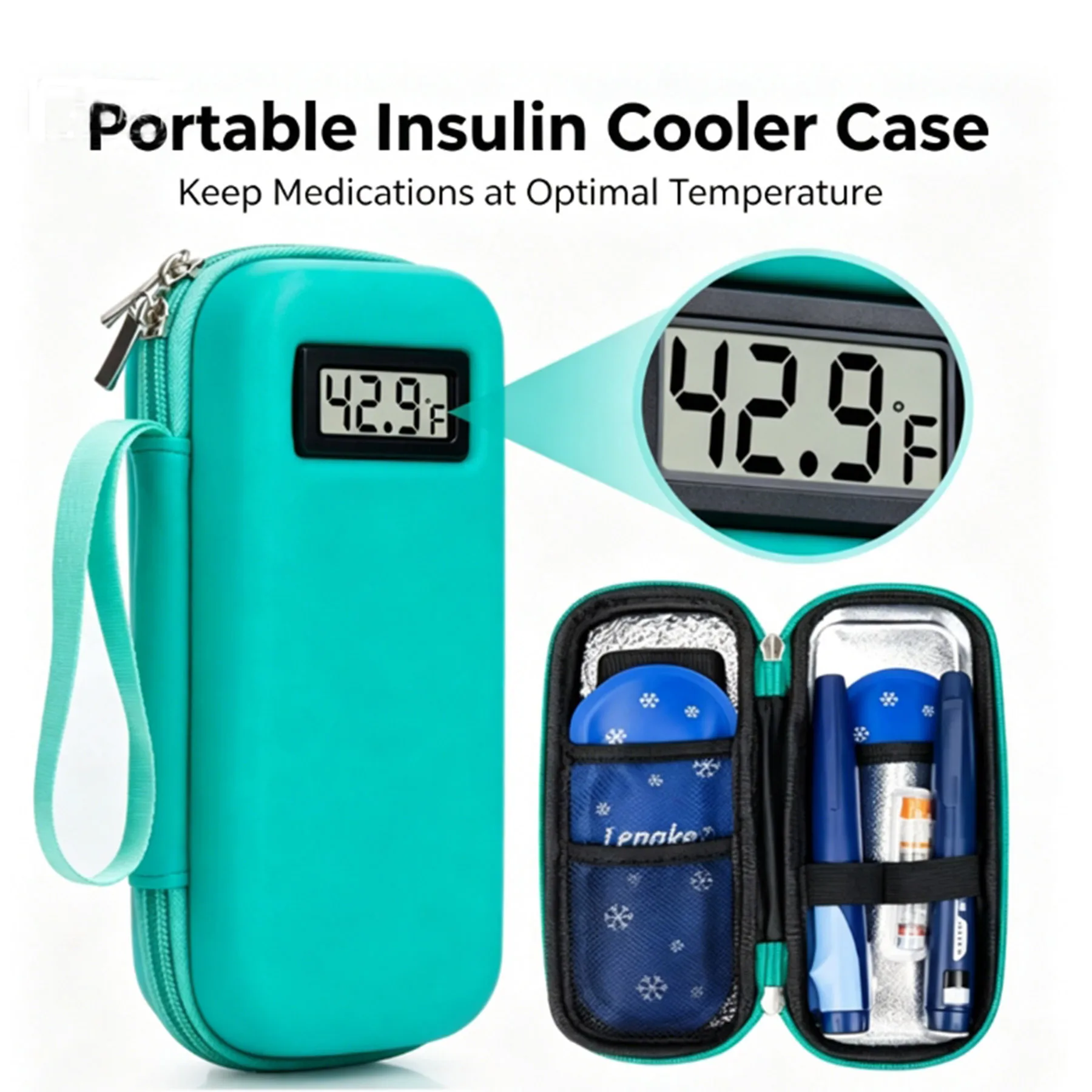 Wasserdichte Insulin-Kühltasche mit Temperaturanzeige Tragbare Medikamenten-Organizer-Tasche für Diabetiker Mit 2 Kühlpacks