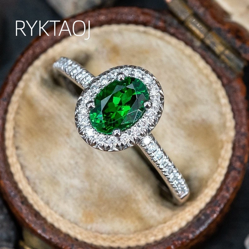 925 Sterling Silver Women Ring Oval‑Cut Green Cubic Zirconia Halo Design Pave Side Stones Vintage Ring Birthday Jewelry Gift