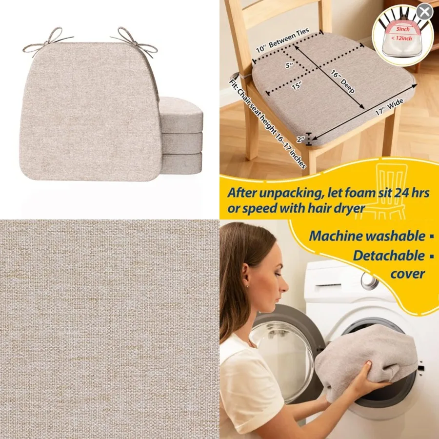 

D-Shaped Chair Cushions, 2 Thick Dining Chair Pads with Ties and Removable, Machine-Washable Cover, 17 x 16, Set of 4