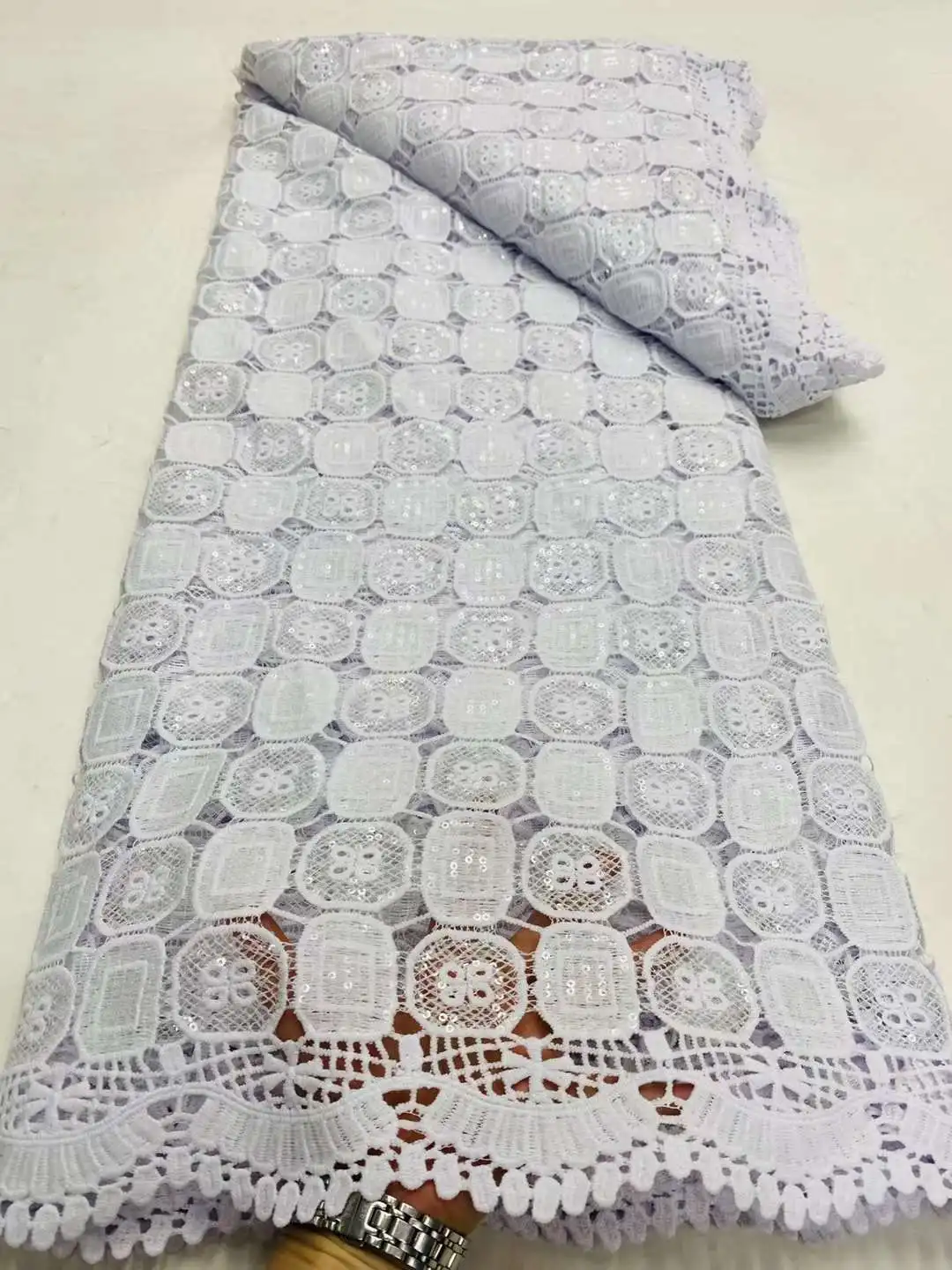 Tissu Africain en Dentelle Guipure Blanche avec Paillettes, Haute Qualité, NigWin, pour Robe de Soirée de Mariage, à Faire Soi-Même, 2024