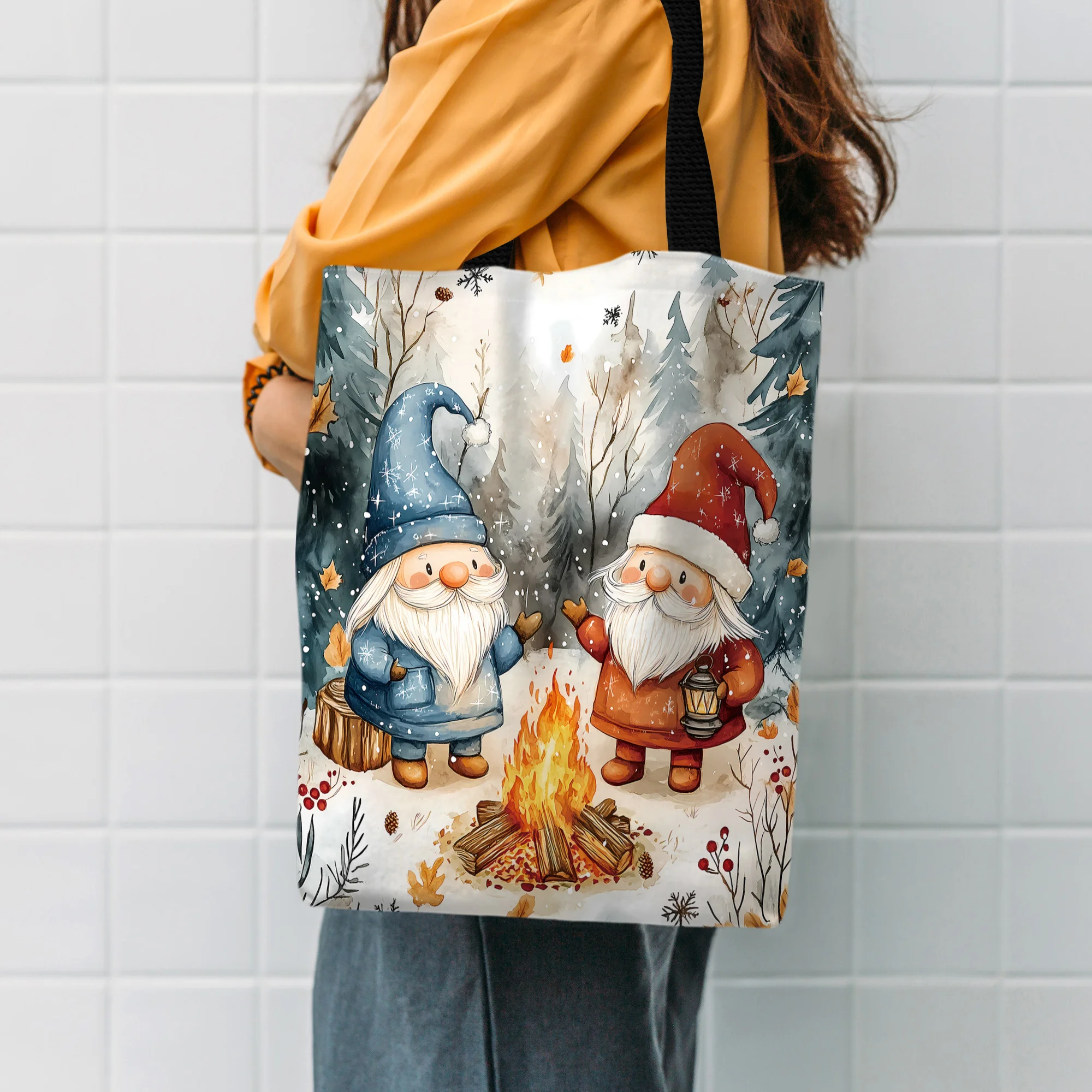 Tragetasche aus Polyester mit Weihnachtsmotiv, Zwei Zwerge-Design, langlebige Umhängetasche zum Einkaufen, Umhängetasche, festliche Handtasche, lässige Verwendung