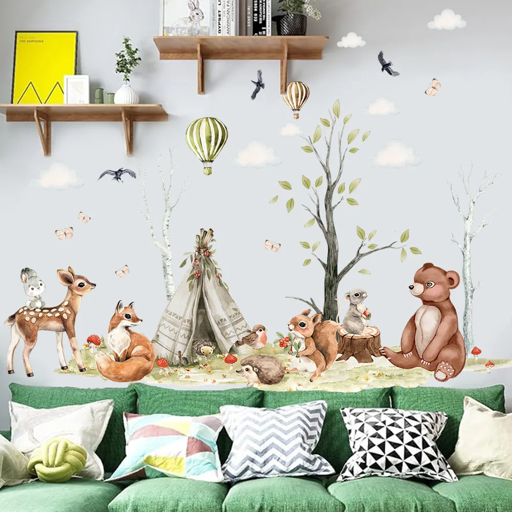 Kids room wall decoration sticker cartoon woodland animal wall decal for kindergarten