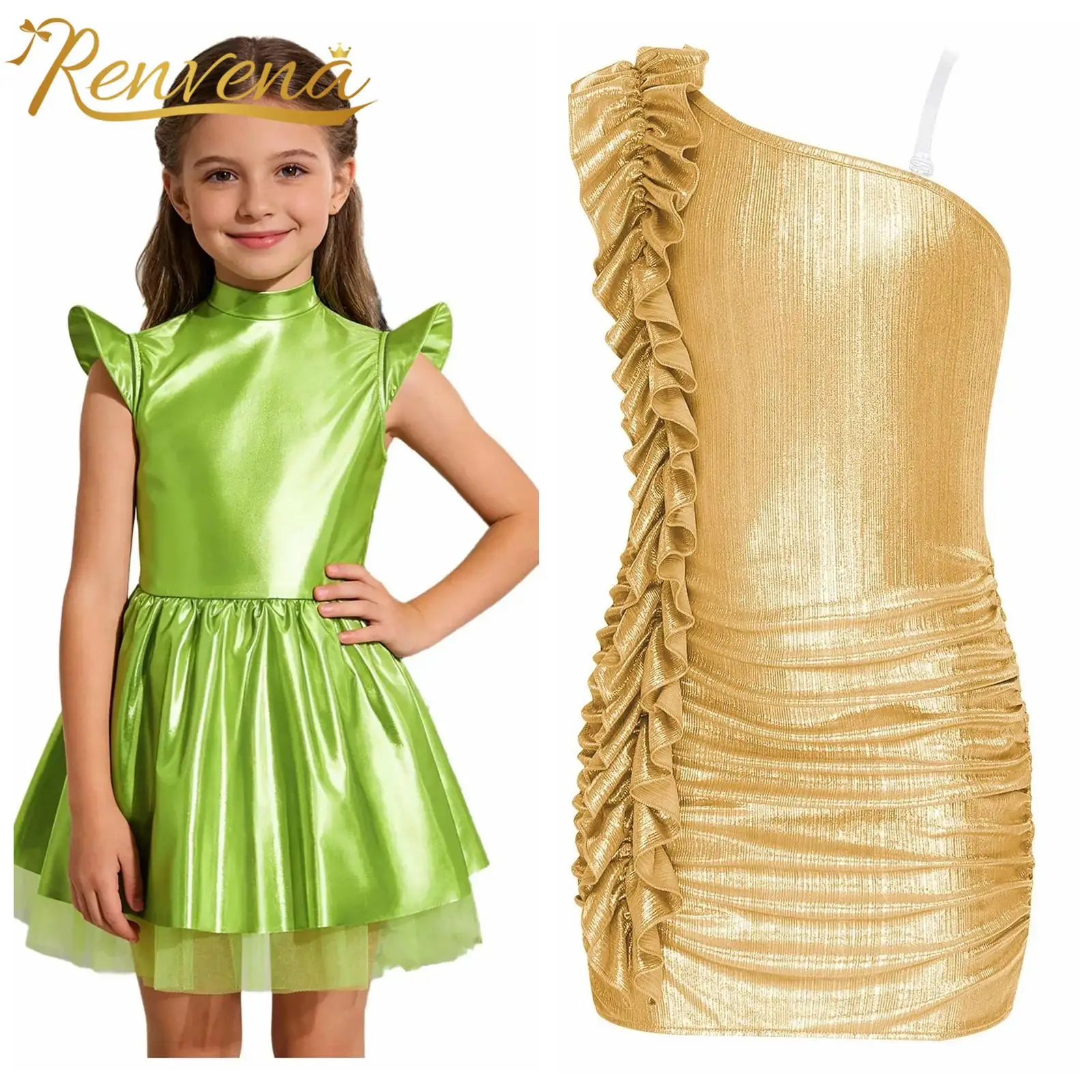 Children's Clothing Disco Dance Dress Girls Metallic Princess Party Festivals Graduation Gown Teen Homecoming Cosplay Costume