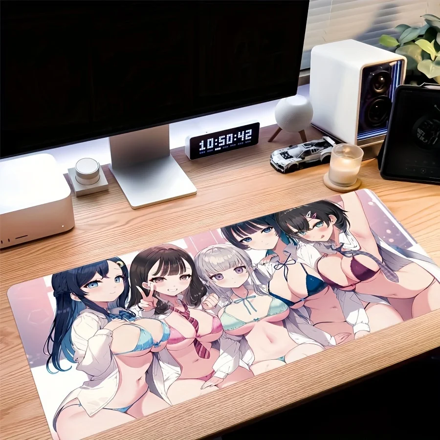 XXL 90x40cm Summer Anime Girl Mouse Pad, Non-Slip Rubber Gaming Speed Mat for Laptop Computer, Office Desk Decoration Gamer