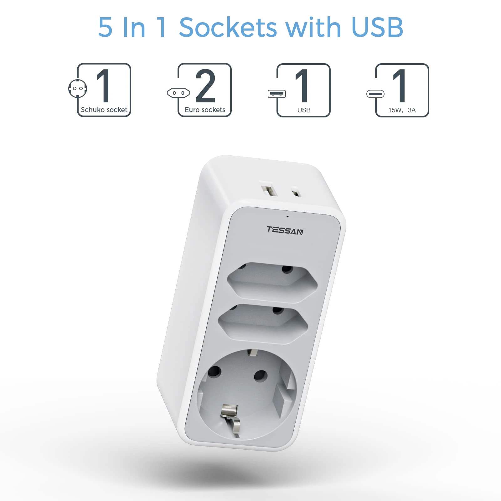 TESSAN Multiple Wall Socket Extender with 3 Outlets 1 USB 1 Type C 5 in 1 Multiple Plug Socket Adapter Charger for Home Travel