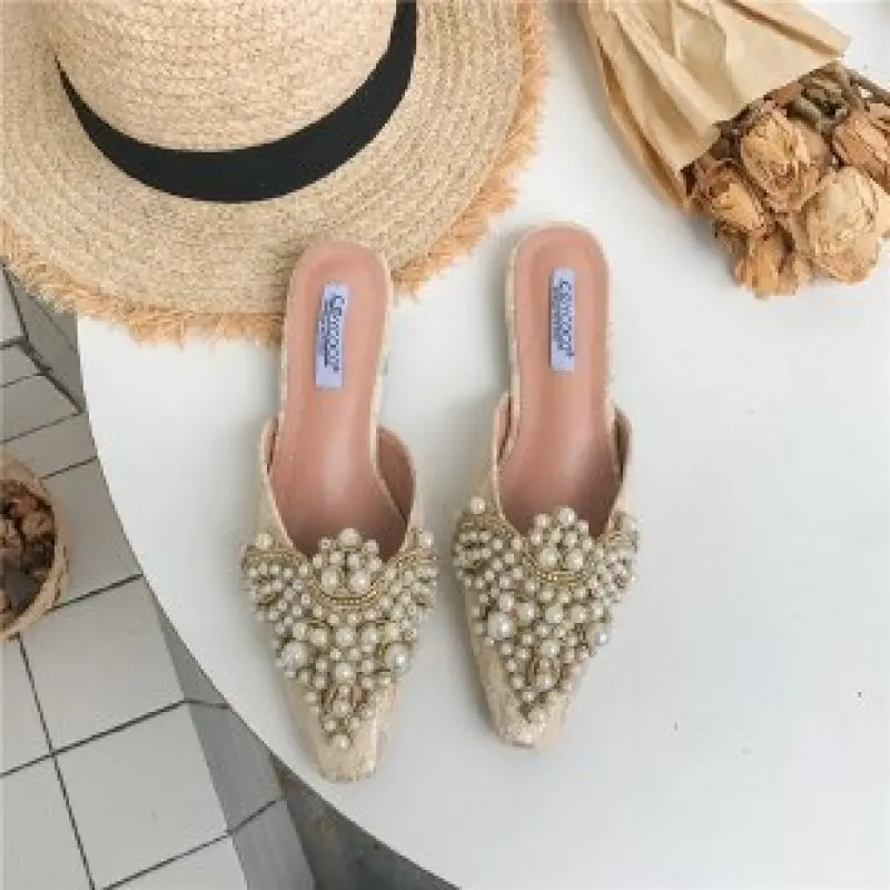 Ballets Slippers Women Imitation Pearl Pointed Toe Mules Sandals Shoes Female Crystal Summer Casual Flat Shoes