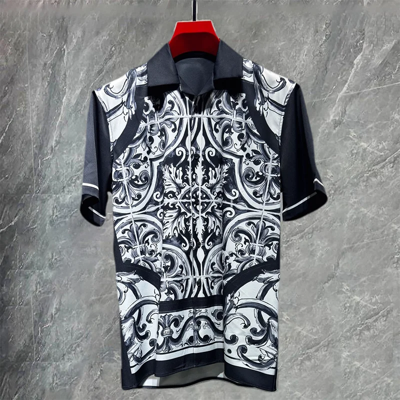 2026 Vintage Clothes Men Dress Shirts Short Sleeve Shirt Black White Print Tops Men Streetwear Social Shirt Mode Chemise Homme