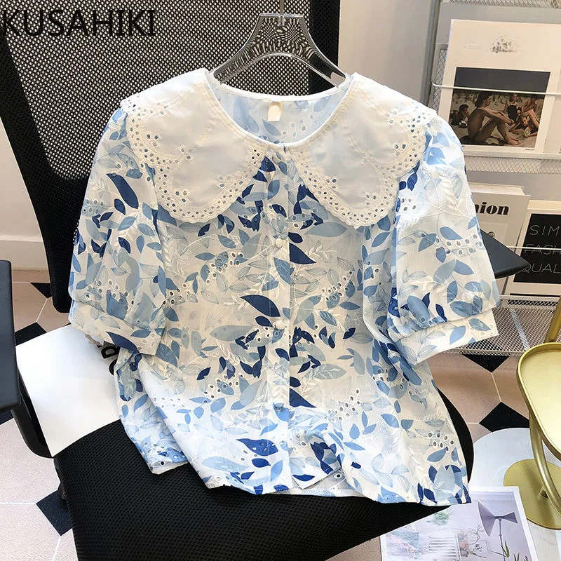 KUSAHIKI Fashion Floral Hollow-out Women Blouse Tops Sweet Peter Pan Collar Puff Sleeve Korean 2023 Summer New Blusas Shirt