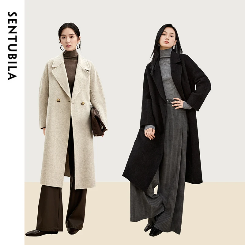SENTUBILA Korean Style 100% Wool Coat For Women 2026 Simple Solid Color Double Sided Long Coat Pockets Winter Clothes W44O55961