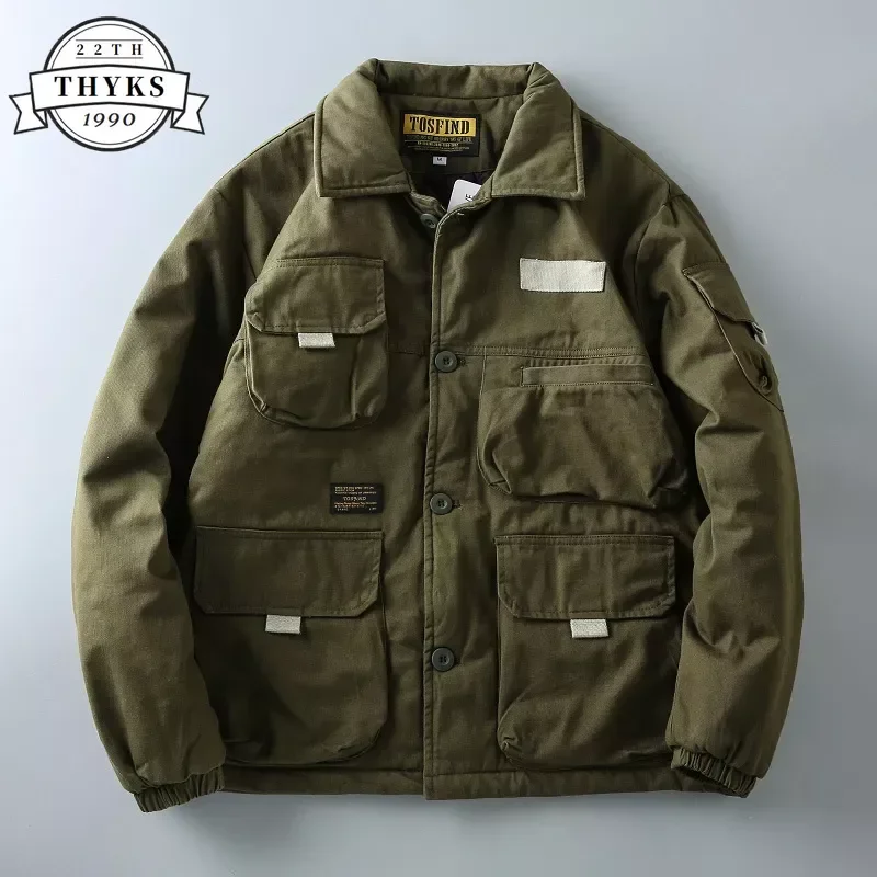 

Vintage Cargo Jackets Men's Cotton Washed Multi Pockets Lapel Loose Workwear Military Tactical Thicken Warm Padded Coats Winter