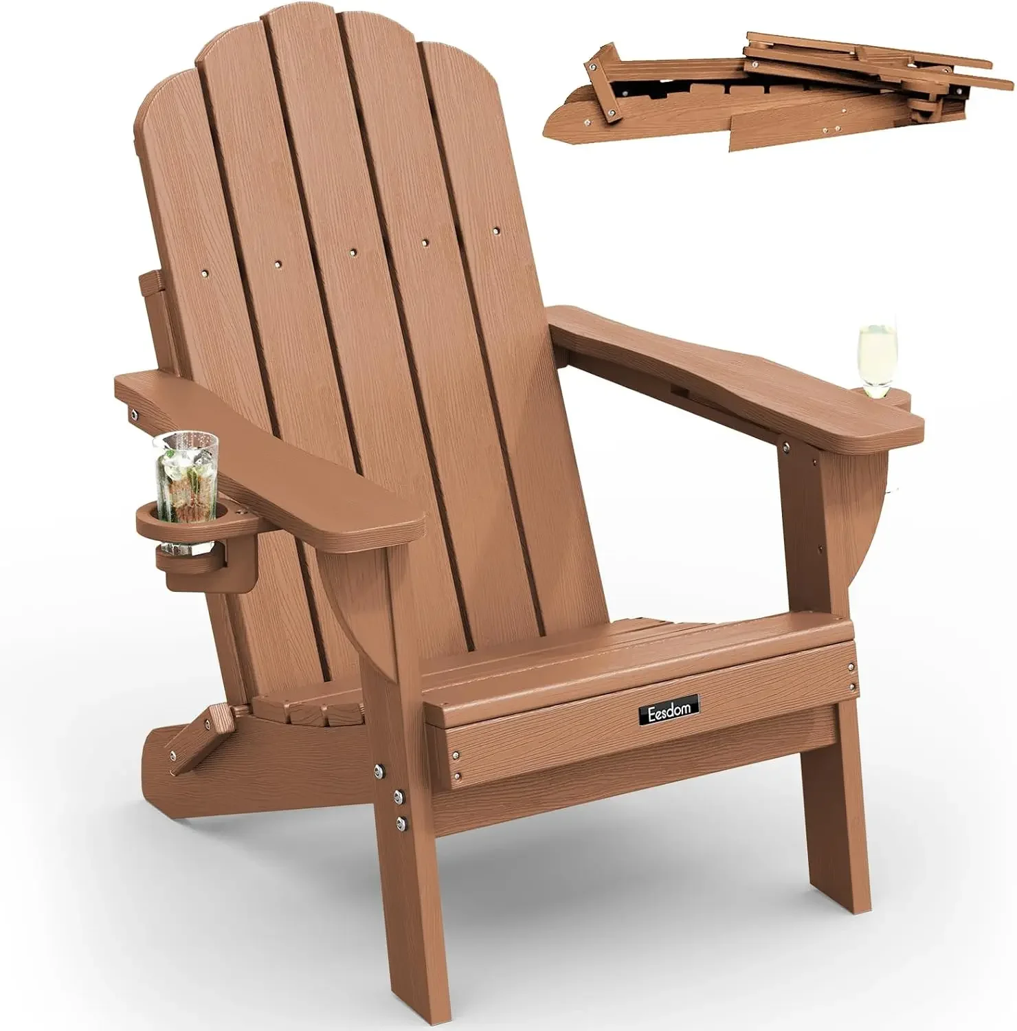 Folding Adirondack Chair, All-Weather HDPE Patio Chair with 2 Cup Holders | Wide Armrest, Wood Grain, Oversized Plastic Outdoor