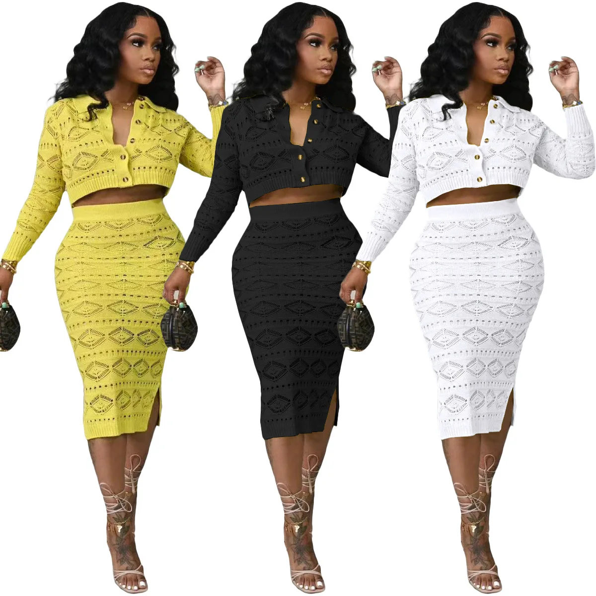 Fashion Knit Ribbed Crochet Women Office Skirt Set Long Sleeve Sweater Cargidan Bodycon Midi Skirt 2023 Two 2 Piece Set Outfit