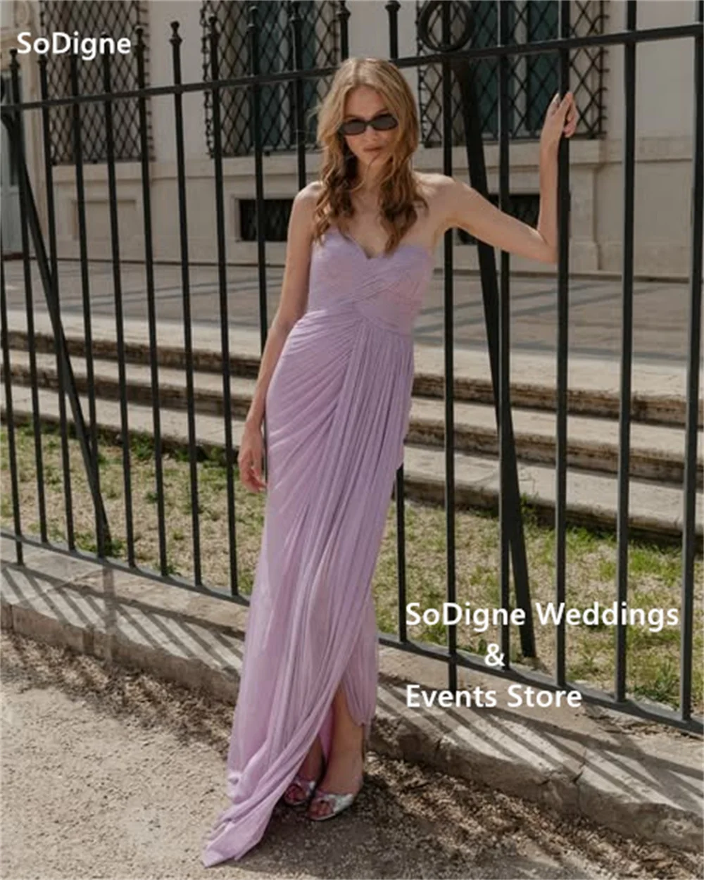 SoDigne Lavender Strapless Chiffon Evening Gown Cross Ruched Bodice Party Dress High Slit Floor Prom Dress 2026 Customized