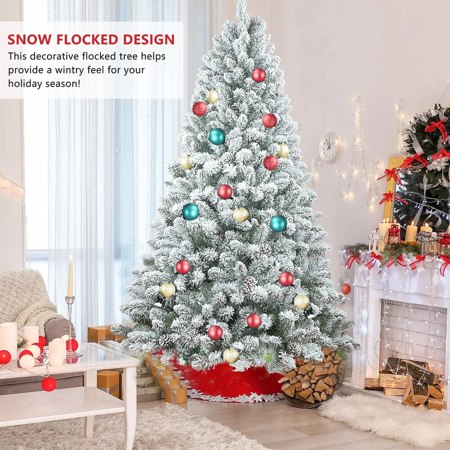 Artificial 5ft Flocked Christmas Tree with 600 PVC Branch Tips, Pine cone*27pcs, memory wire+iron wire, Hinged Premium & Foldable Base for Indoor Holiday Decorating