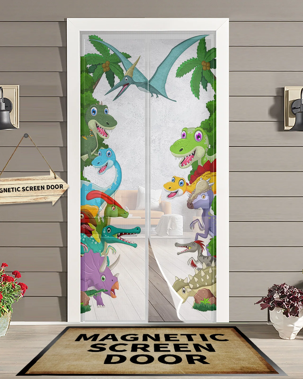 Grove Dinosaur Coconut Tree Magnetic Mosquito Net Summer Anti Bug Fly Door Curtains Kitchen Screen Door Mesh