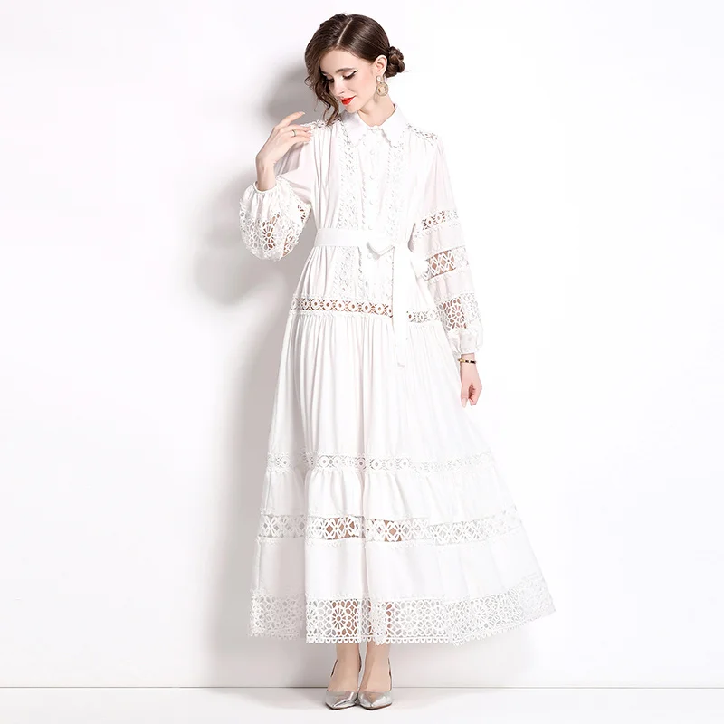 Brand Designer Summer Autumn Holiday Long Sleeve Maxi White Dress Shirt Women Sexy Hollow Out Loose Embroidery Vestidos