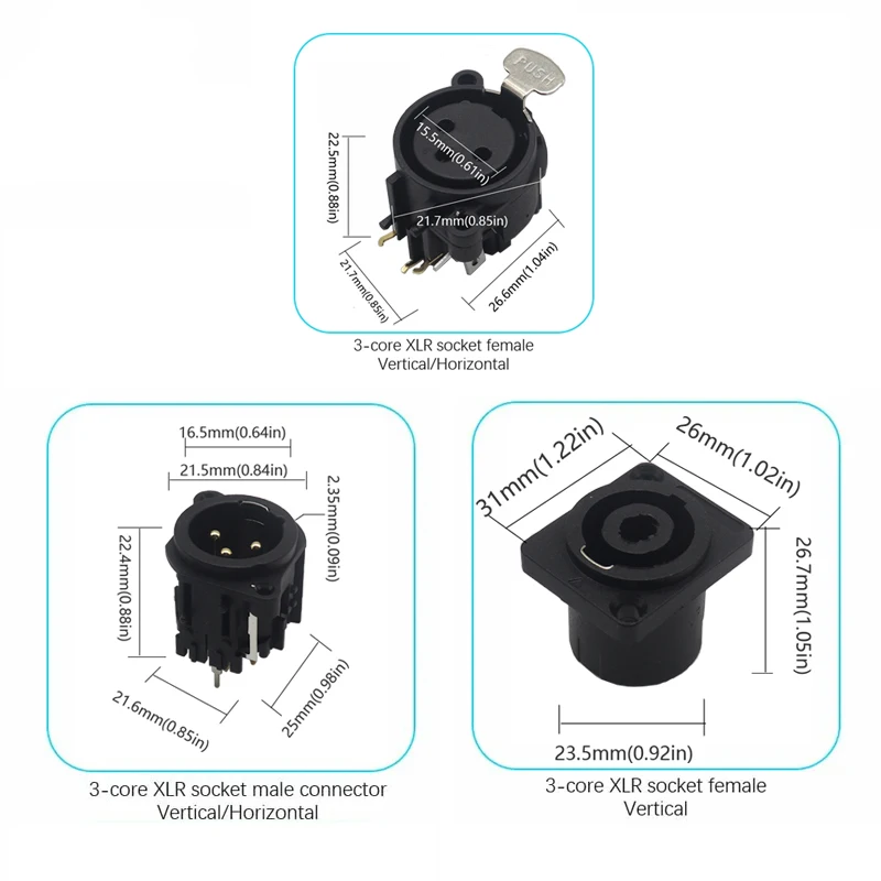 3 Pin XLR 6.35mm Stereo Jack Audio Combo Male/Female 10Pcs Socket Microphone Sound Card Connector with Horizontal PCB Mount