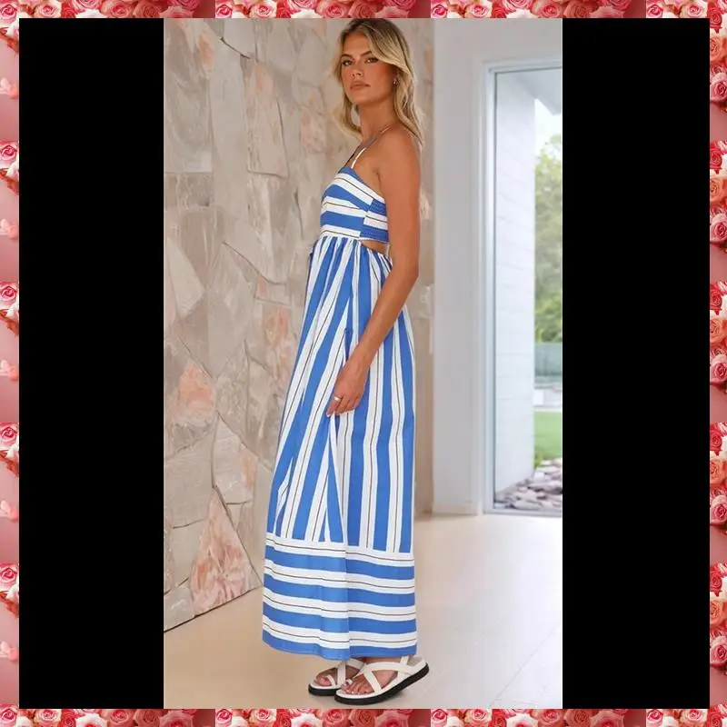 Robe longue smockée au dos rayé pour femme, bretelles spaghetti découpées, robe longue trapèze fluide