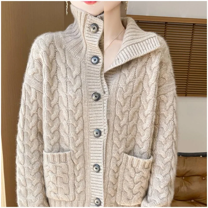 

Women Wool Sweater Turn-down Collar Cardigan Autumn Winter Thickened Warm Solid Twist Flower Vintage Tops 100% Merino Wool Knit