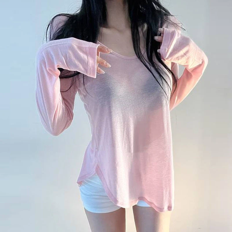2026 sommer Langarm T-Shirt Sexy V-ausschnitt Durchsichtig Faul Stil Solide Lose Sonnencreme Shirt Frau Tops Einfache Atmungsaktive Tees