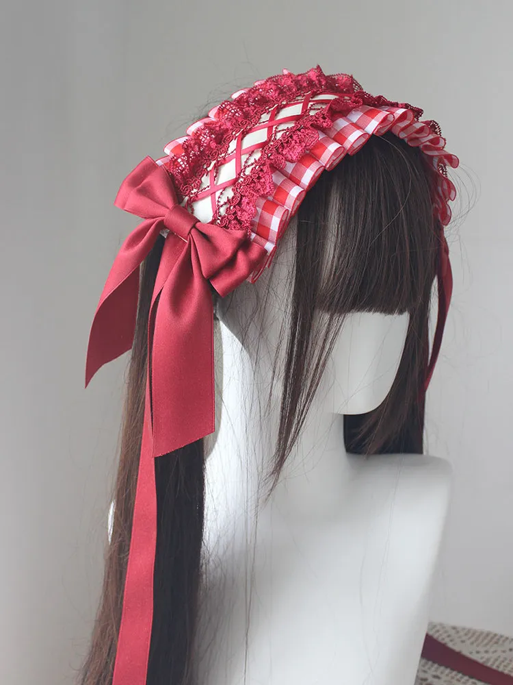 

Handmade Wine Red Lolita Red and White Plaid Hair Accessories Cake Topper Headdress Cute Hair Accessories