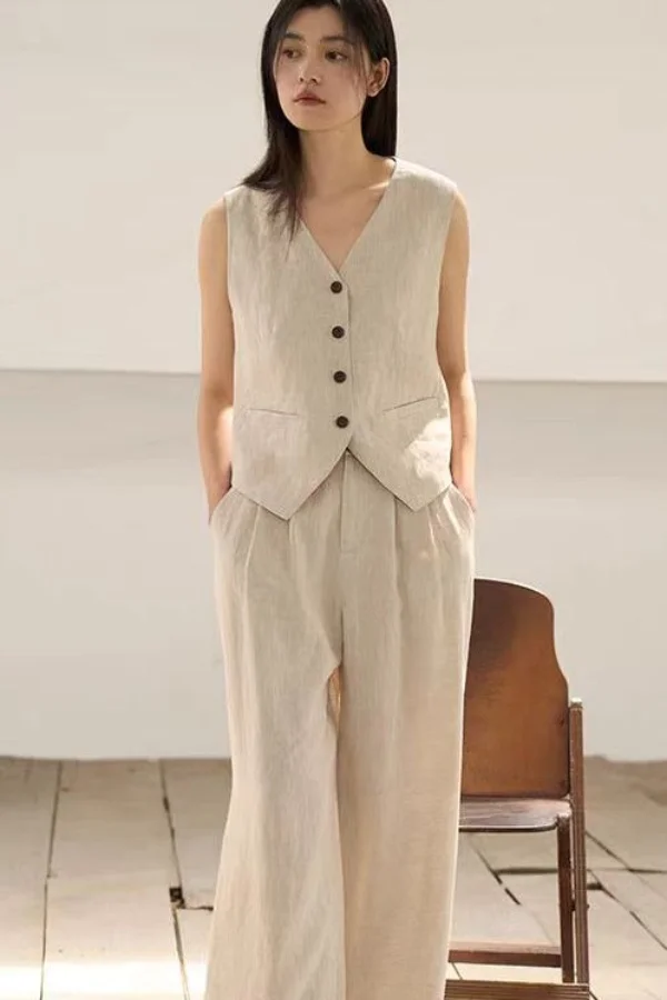 

2025 New Women's Linen Blazer Vests Sleeveless Lightweight Summer V-neck Casual Fashion Layering Vest Crop Top Female Clothing