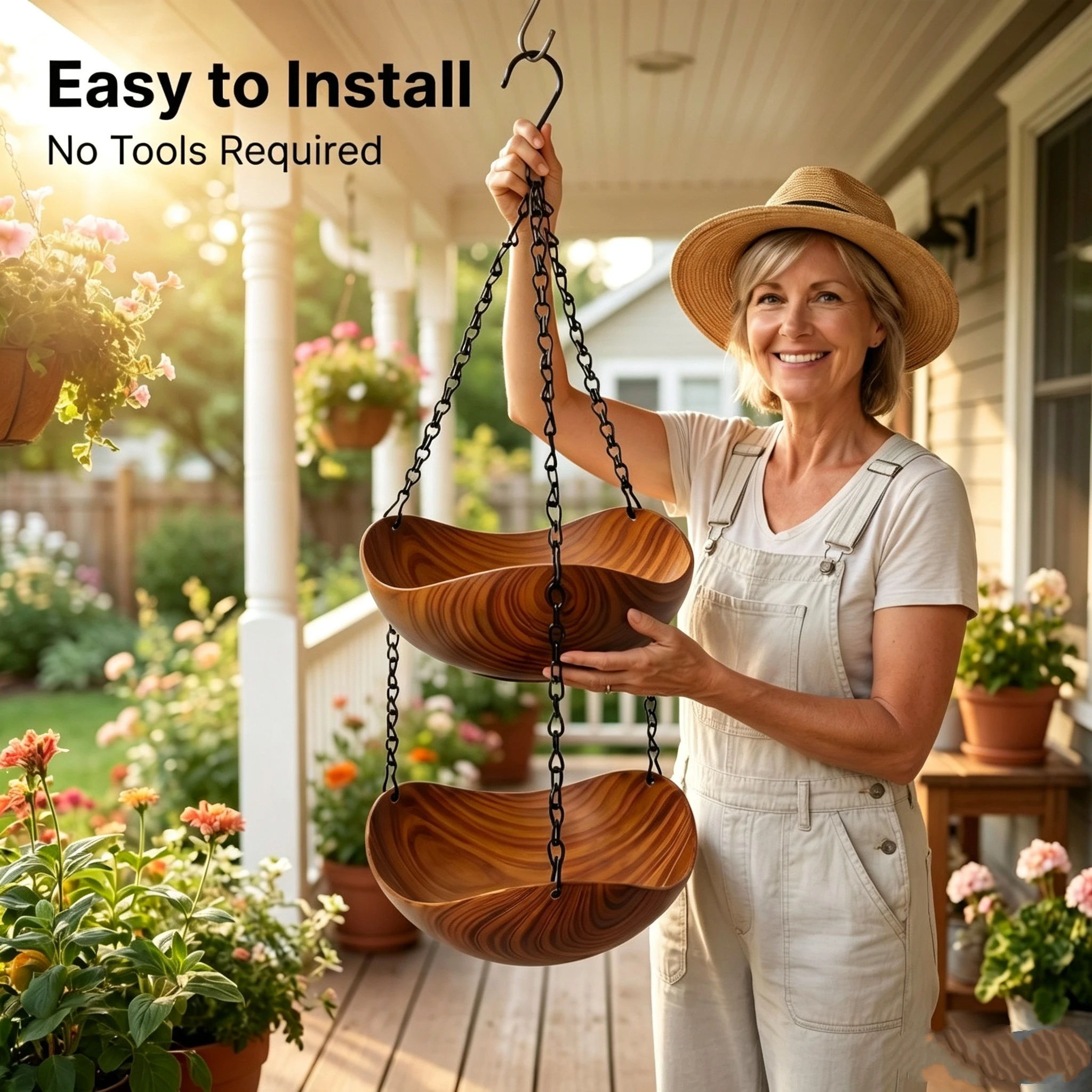 Hanging 2-Tier Wood Grain Bird Feeder & Bird Bath Bowl PP Plastic Wild Bird Water Tray with Anti-Rust Electroplated Chain Garden