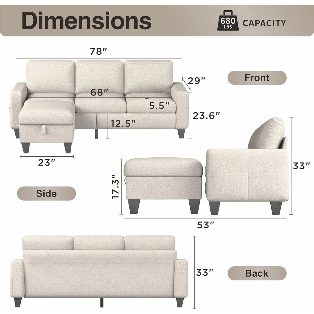 Coast Sectional Sofa Couch L-Shaped Sofa Modern Linen Fabric 3-Seat Couch with Convertible Storage Ottoman Beige Living Room