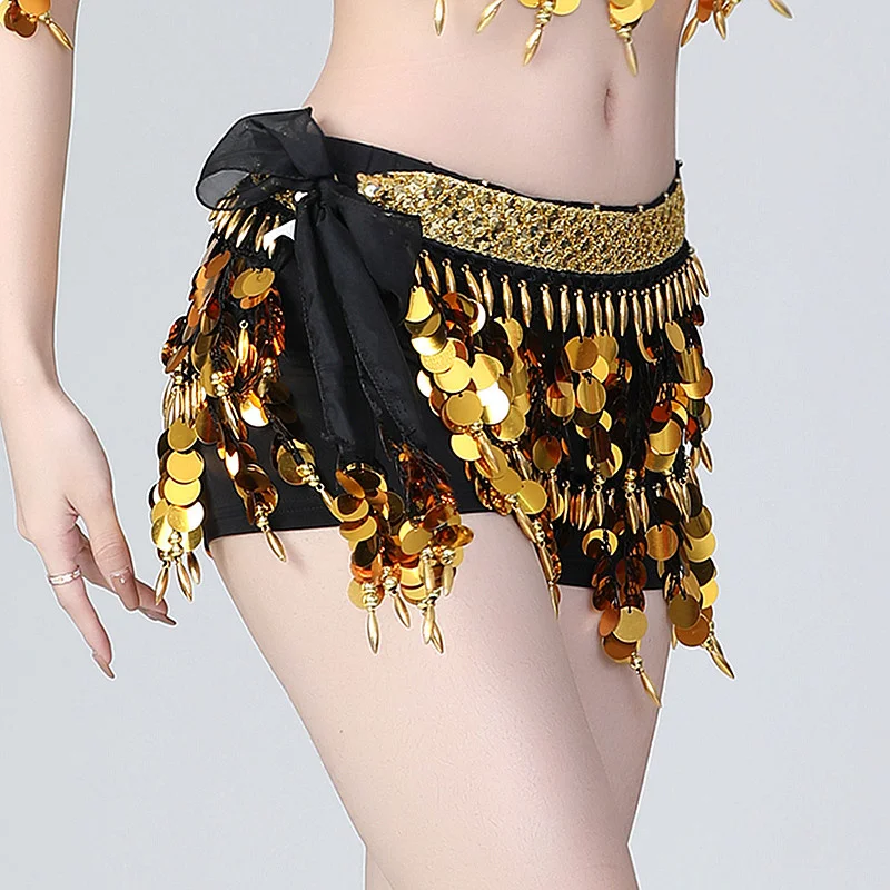 2023 Sequins Women Belly Dance Hip Scarf Practice Lesson Wear Fringe Waist Belt Rave Outfit Wrap Towel Stage Costume Clothing