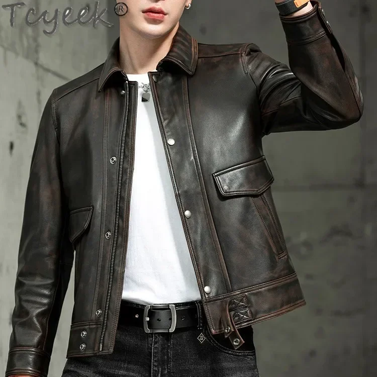 Tcyeek Genuine Leather Jacket for Men Spring Autumn Clothes Natural Goatskin Coats Male Vintage Leather Coat Jaqueta Masculina