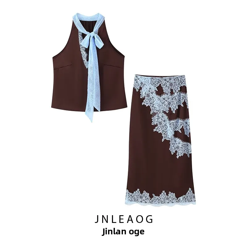JNLEAOG herfst nieuwe dames Faion kant patchwork top en rok set polyester stof hoog gehalte volwassen dames outfits