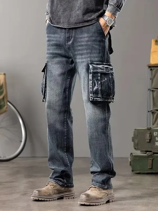 

Весенние американские рабочие джинсы с множеством карманов для мужчин, прямые, ретро-синие, повседневные брюки из высокоэластичного хлопкового денима