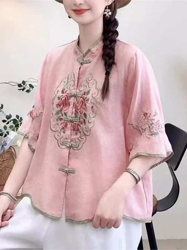 

Retro Hand Embroidered Cotton Linen irt Women's New Chinese Sle Top Summer Tea Costume Traditional Artistic Faion Ladie...