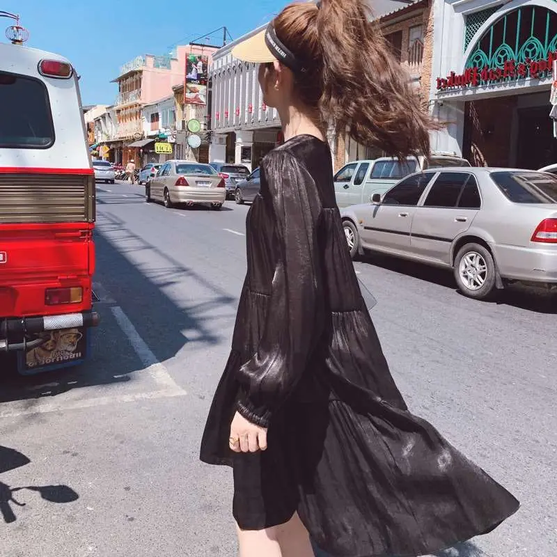 

Faion Slimming Longsved Small Bla Dr Womens Spri A-Line Midi Dr Lantern Sve round Ne Cleanfit Sle for Women