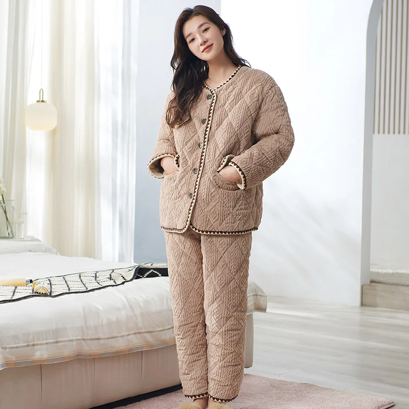 

Flannel quilted pyjamas female three layer thick warm winter quilted jacket women's pajamas coral velvet pijamas mujer inverno