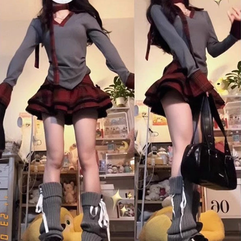 

2024 New Fashion Lrregular Spliced V Neck Tops Harajuku Vintage Y2k Aesthetic Punk Tiered Plaid Skirts Streetwear 2 Piece Sets